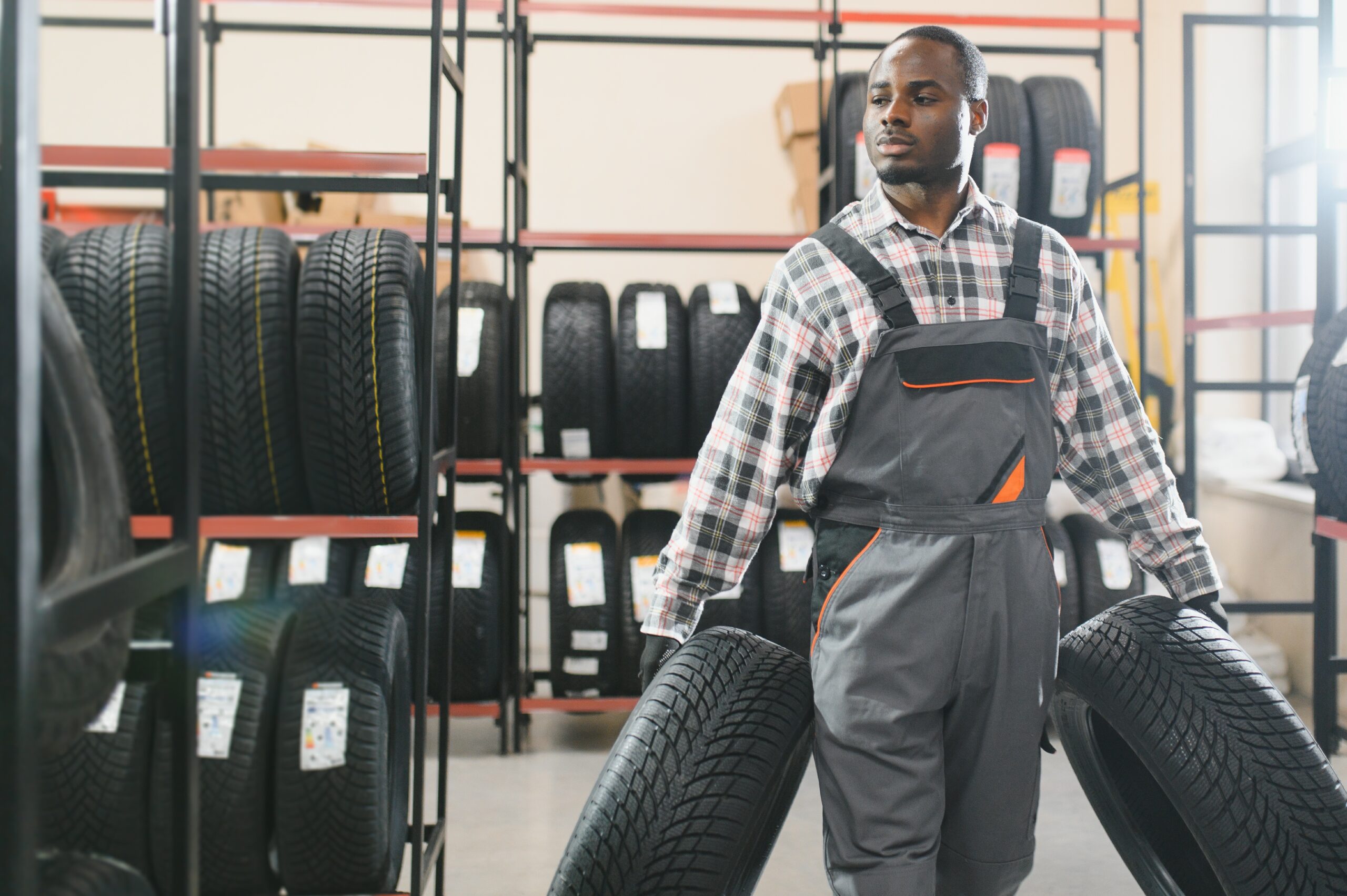 Mechanic holding tyre - Puncture Pro collection and delivery